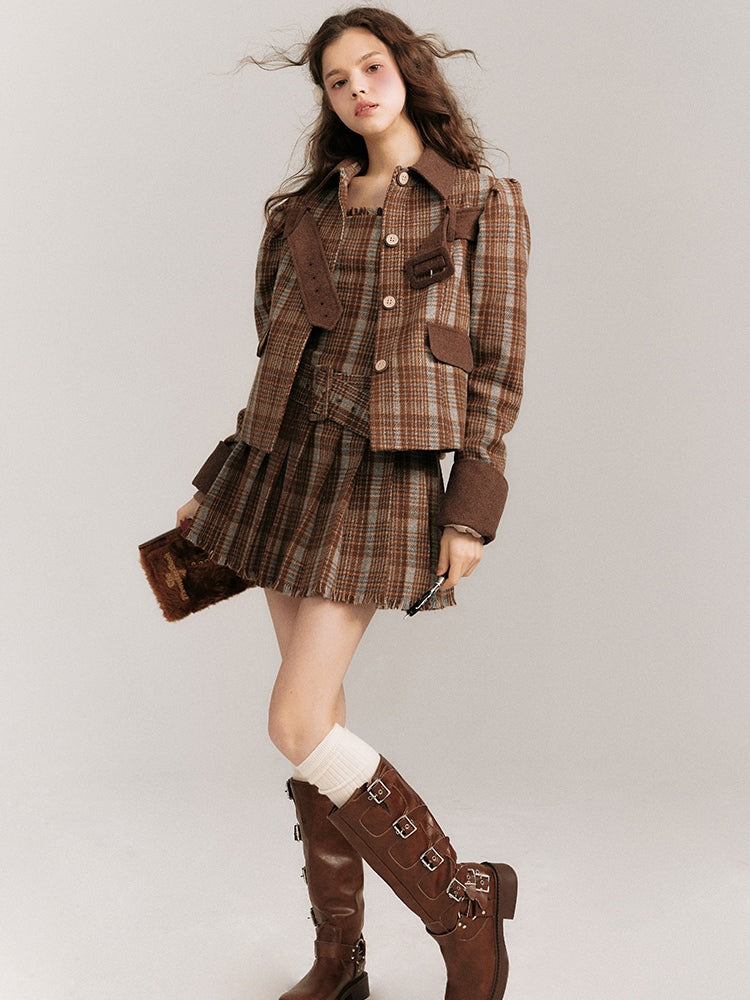 Plaid Belted Strap Skirt