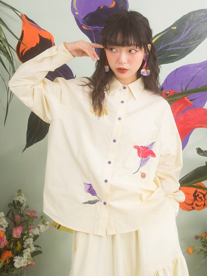 Flower Embroidery Raglan Sleeve Loose Shirt