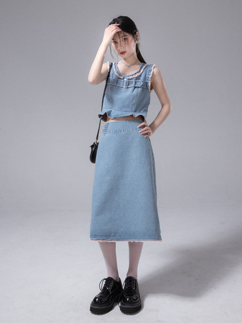 Denim Vest ＆ Skirt &amp; Bottoming T-shirt Set-up