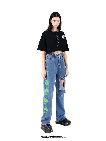 Damage High-Waist Wide-Leg Denim Pants