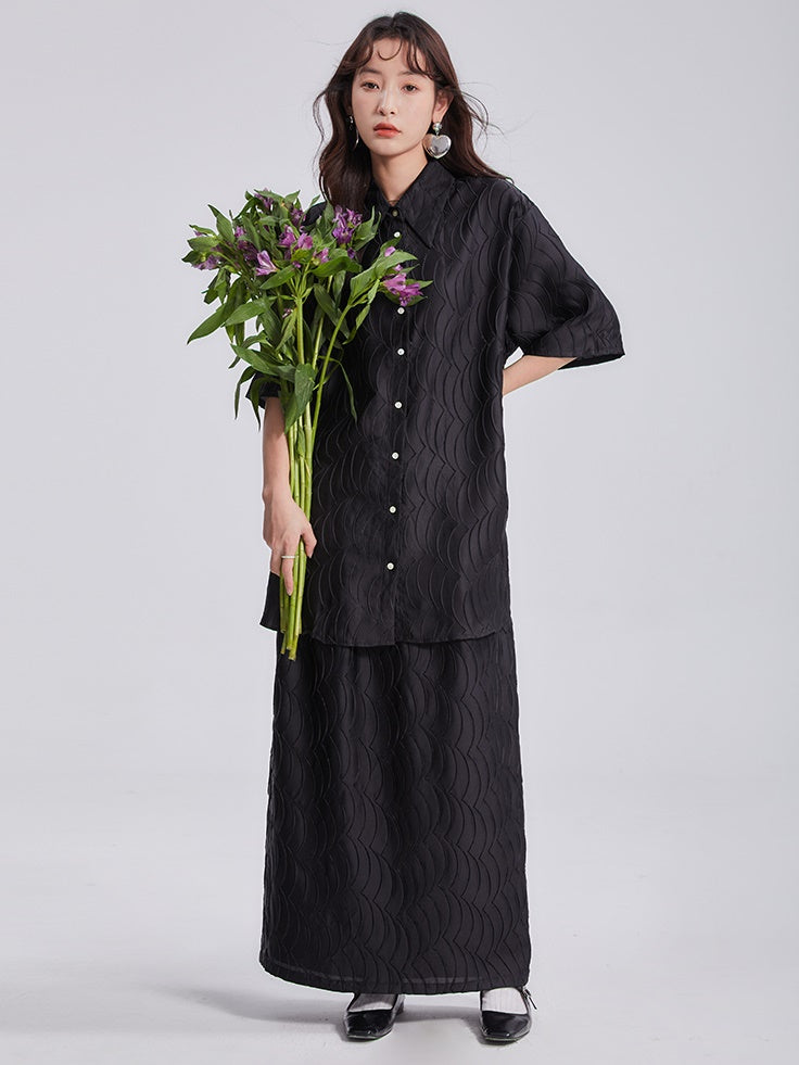 Satin Fish Scale Wrinkle Loose Shirt &amp; Skirt