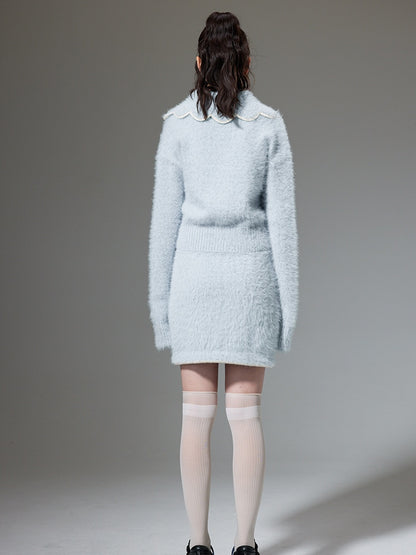 Plush Knitted Cardigan &amp; Skirt