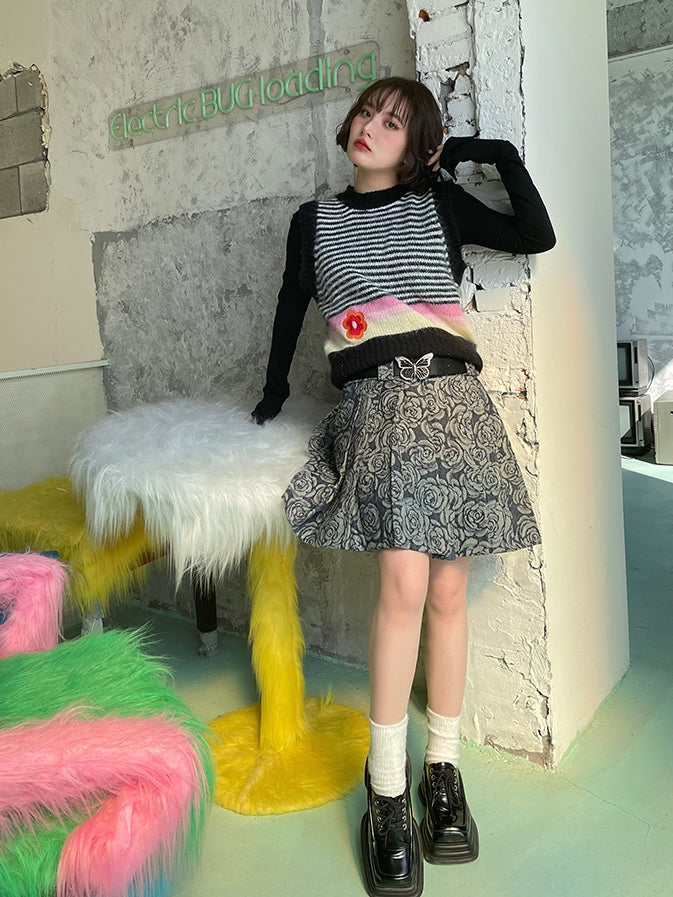 Striped Niche Flower Embroidery Vest dont bite eyes ARCANA ARCHIVE