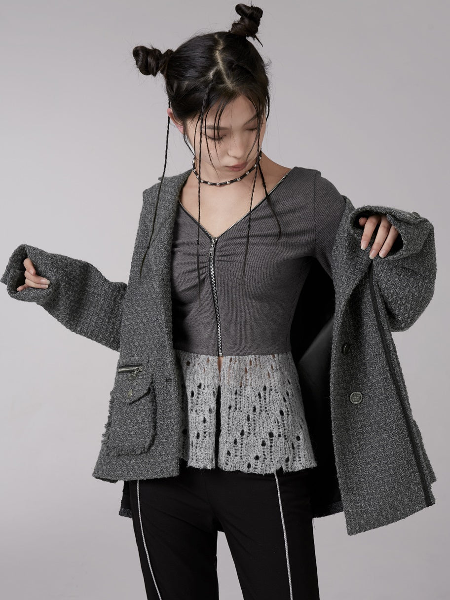 V-Ausschnitt Reißverschluss Strickjacke