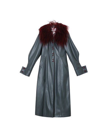 Fur Collar Slim Leather Long Coat