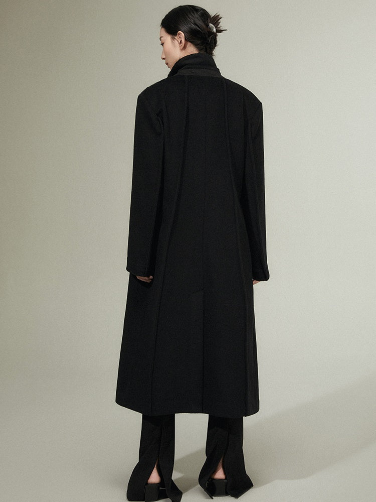 Geometric Texture Stitching Double-breasted Long Woolen Coat