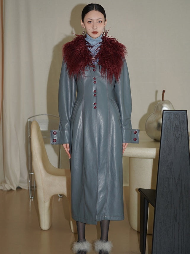 Fur Collar Slim Leather Long Coat