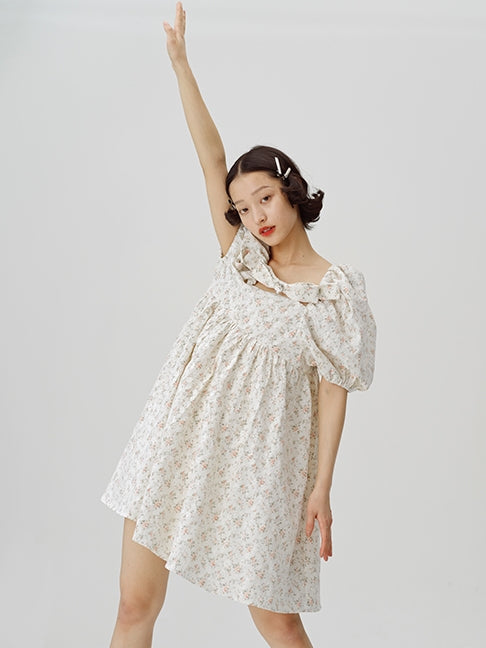 Square Neck Puff Sleeve Floral Dress