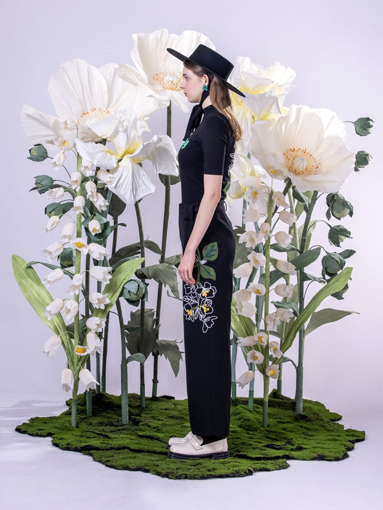 Embroidery Flower Wide-leg Nichi Pants