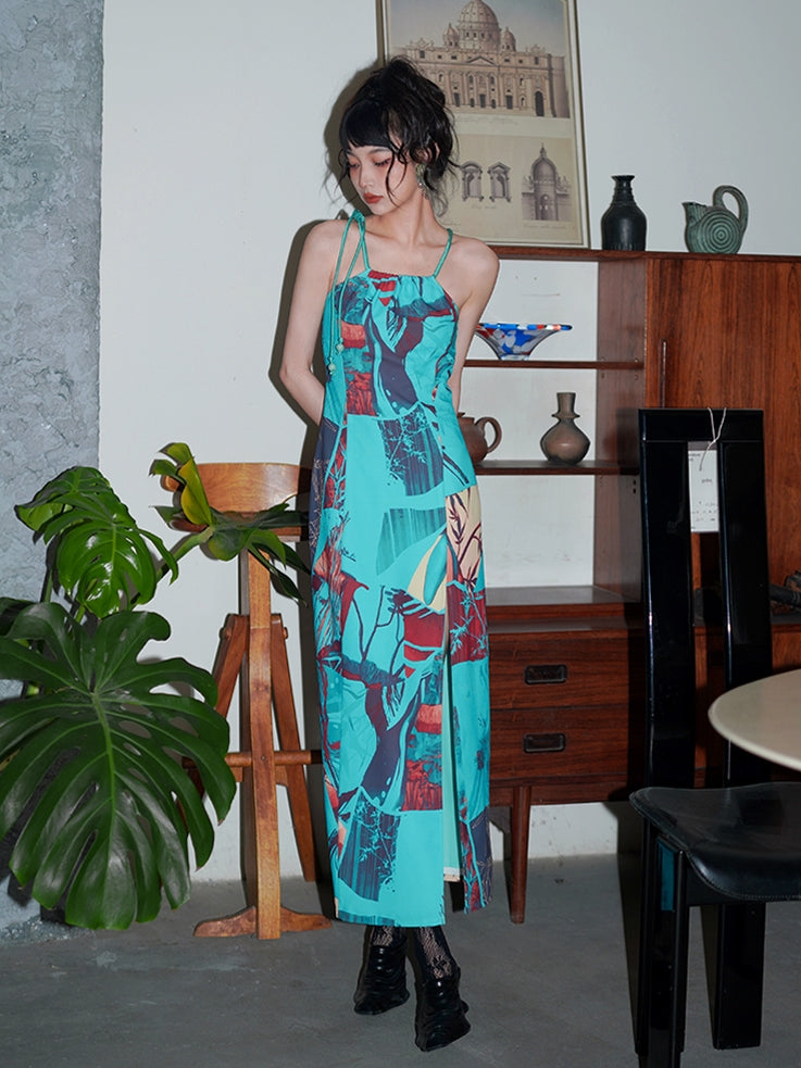 Vintage Print Slim Long Spit Kleid