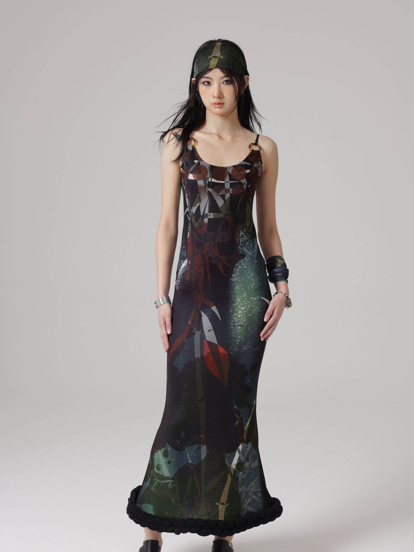 CHINESE STYLE PRINT FISHTAIL ADJUSTMENT SUSPENDER Dress