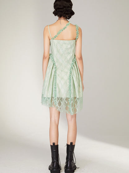 GREEN LACE IRREGULAR HEM SPLIT SLING Dress