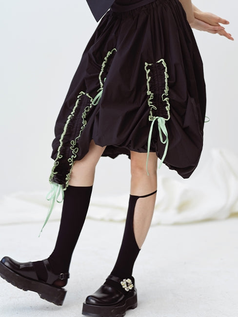 Contrast Color PLEATED RUFFLED SKIRT