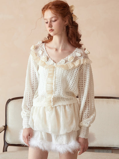 Sweet Low-gauge Rose Knit Cardigan