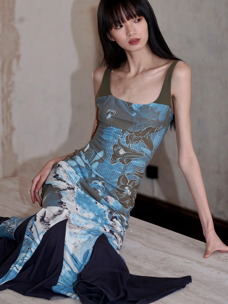 CHINESE PRINT ADJUSTABLE SLING FISHTAIL Dress