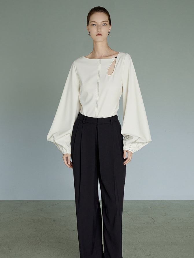 Balloon-Sleeves Boat-Neck Drop-Cut Stitch Blouse