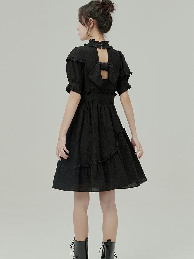 Jacquard Black Bow Asymmetric Dress