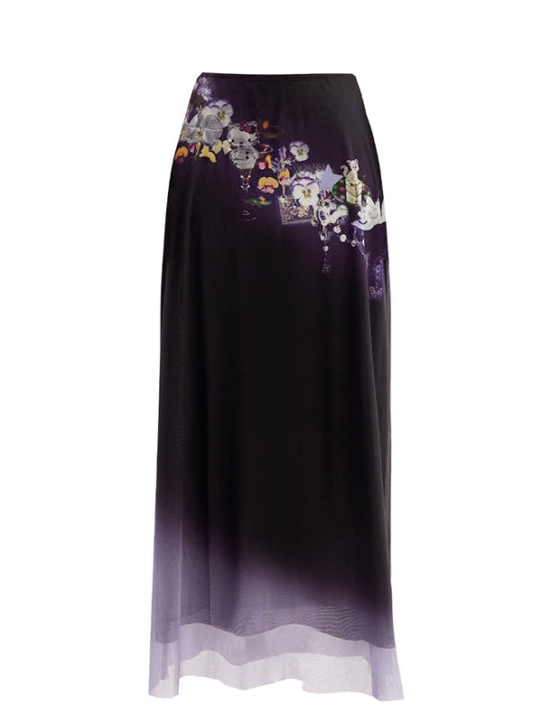 Gradient Chain Printed Mesh Maxi Skirt