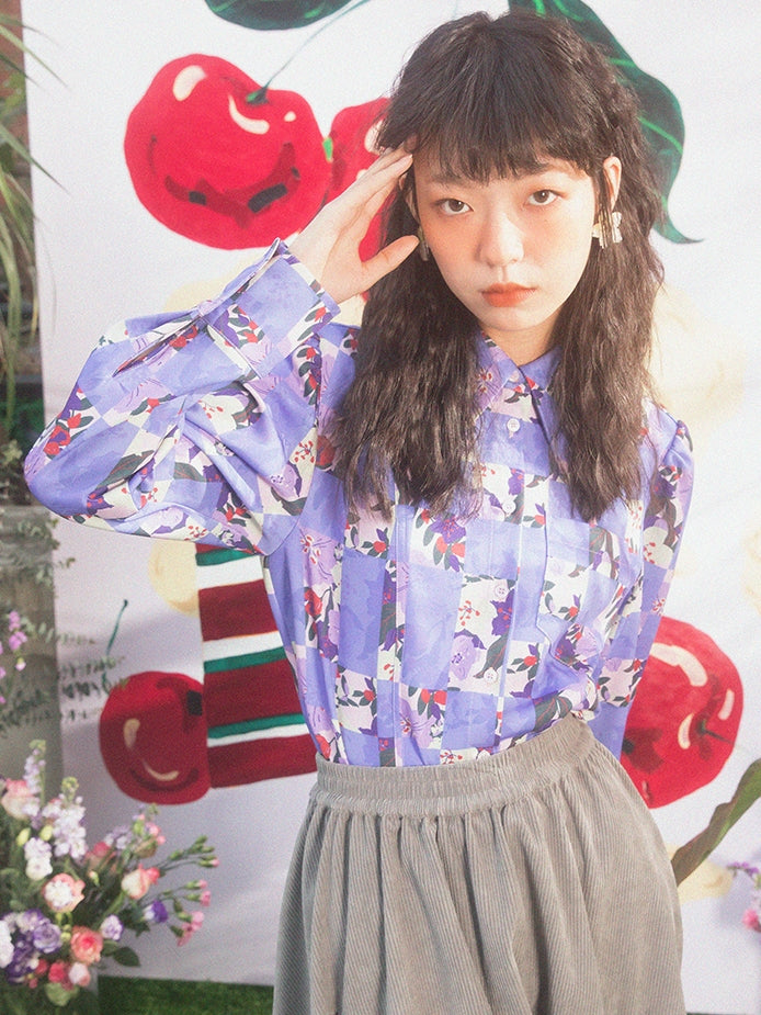 Checkerboard Cherry Blossom Pattern Loose Shirt