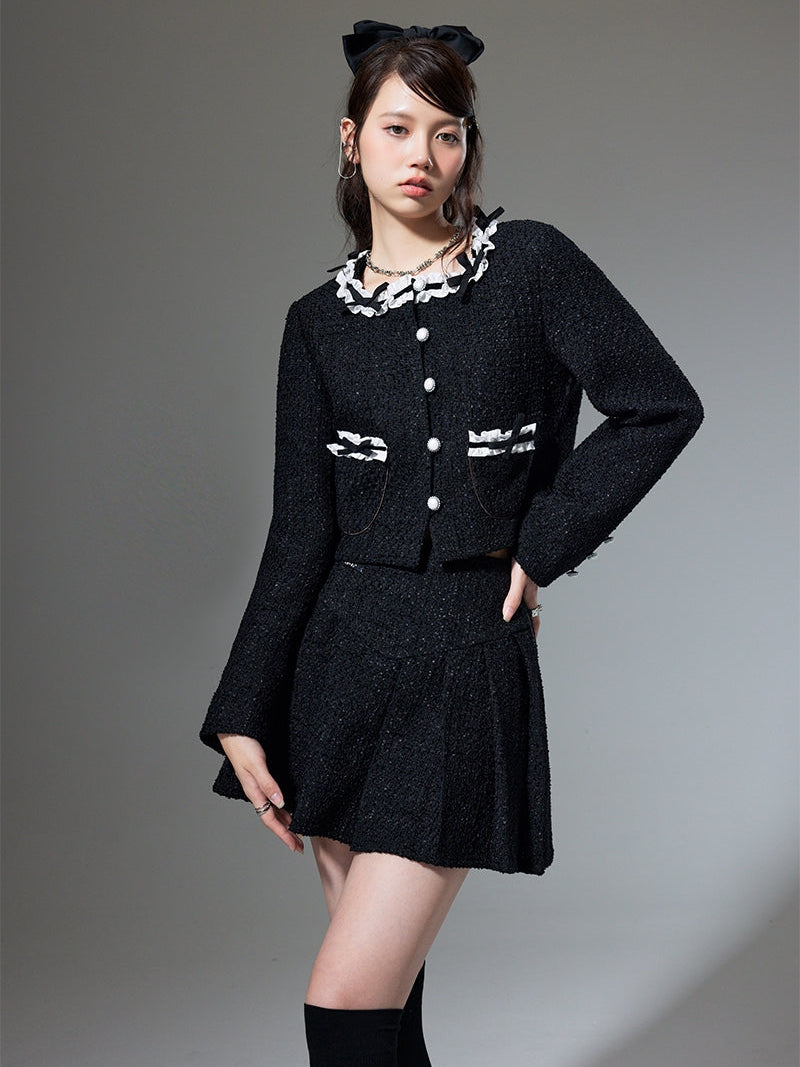 Round Neck Bow Cardigan Jacket &amp; Pleated Skirt