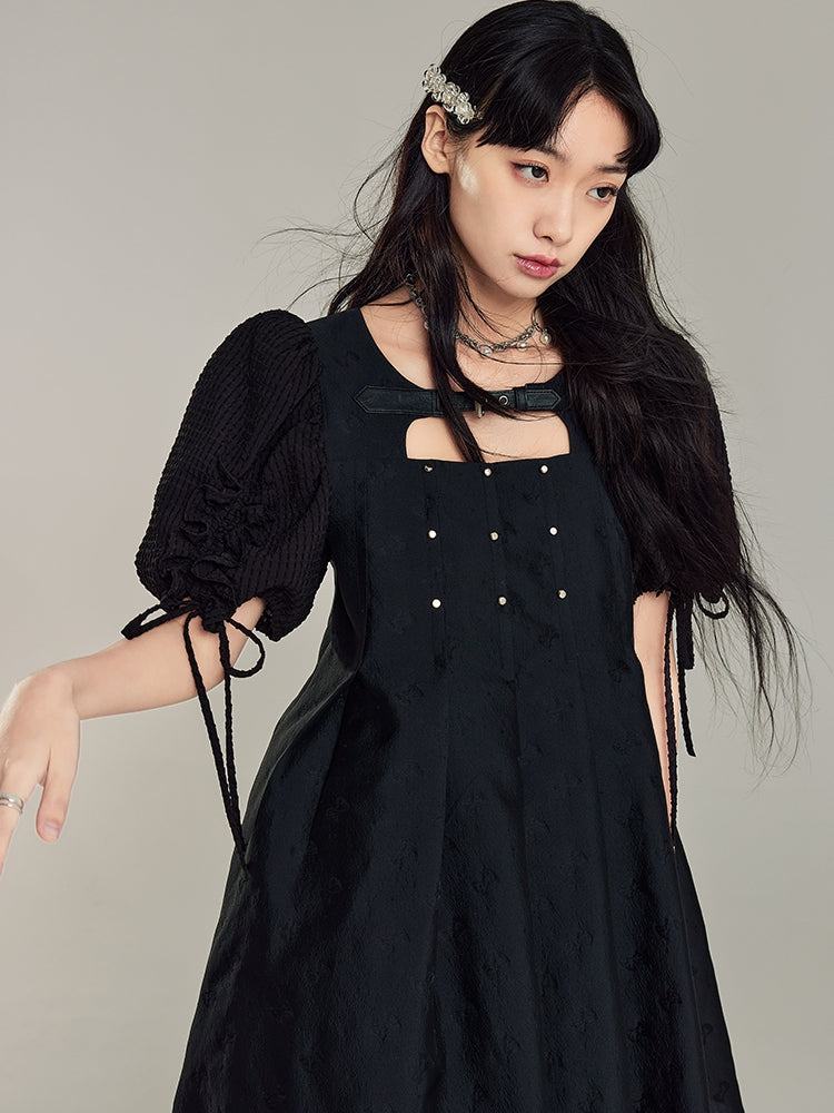 Leather Buckle RiveT Black Dress