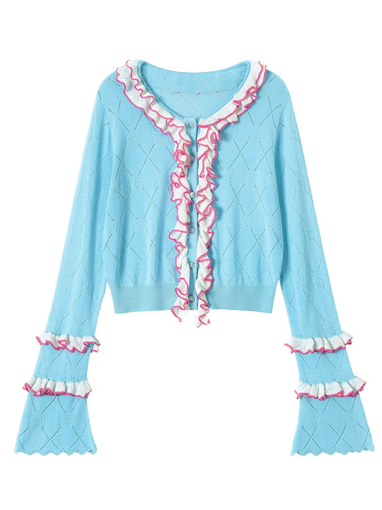 Ruffled Knitted V-Neck Cardigan