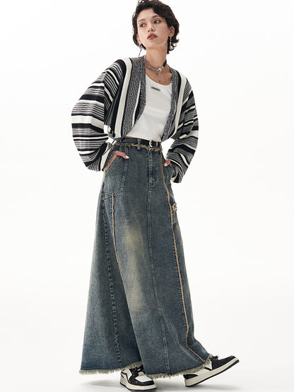 Retro Raw Edge Slit Washed Denim Skirt