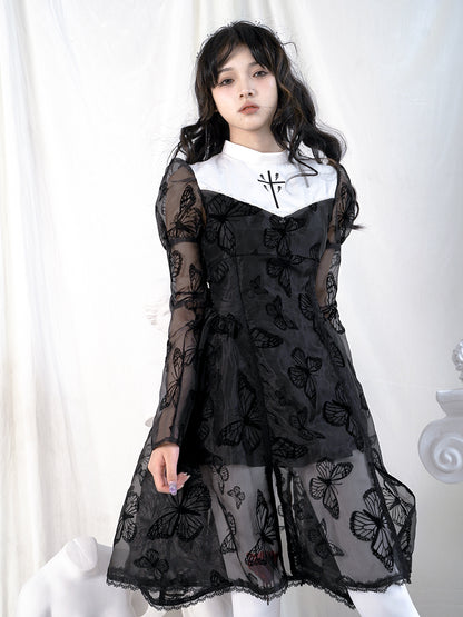 Butterfly Cross Gothic Lace Flare Sheer One-piece