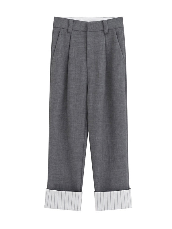 Striped Casual with Cuffs Nine-Point Tapered Pants