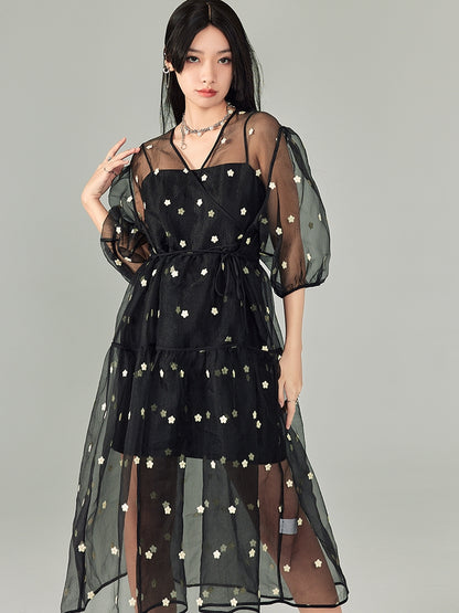 V-neck Polka Dot Floral Mesh Dress