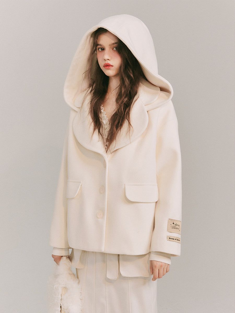 Detachable Big Hat Woolen Jacket