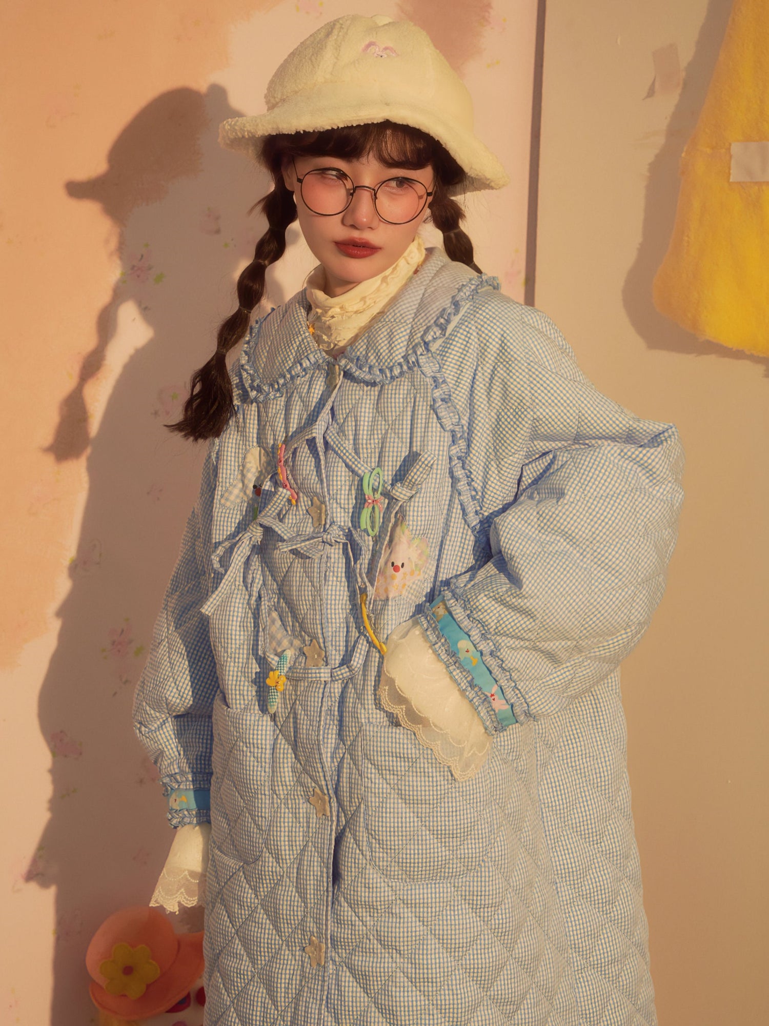 Grid Patchwork Design Doll Collar Long Coat