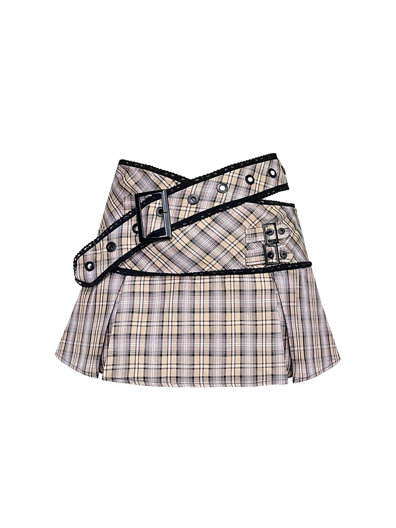 Plaid Short PLEATS BELT SKIRT