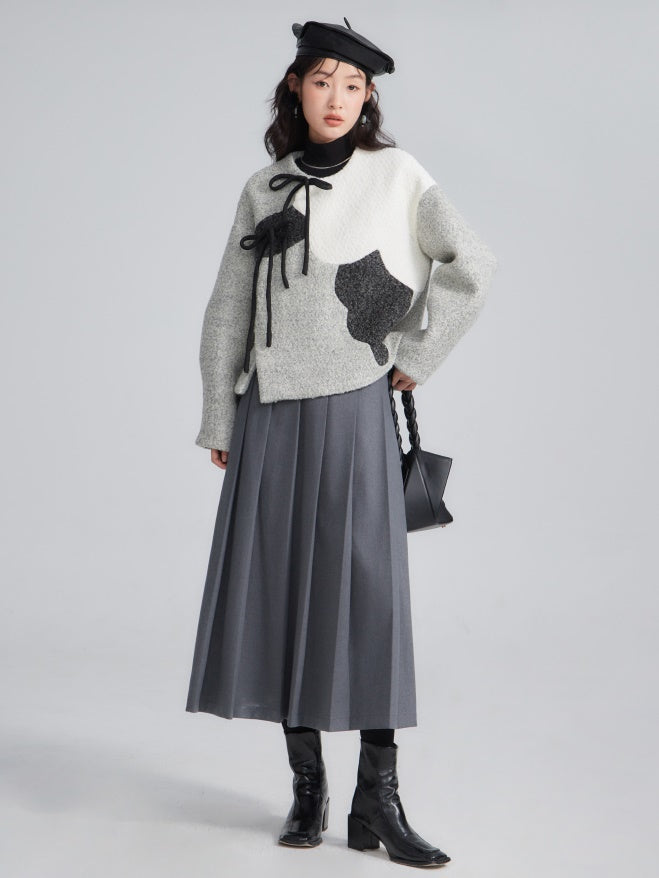 Contrast Color Peony Slanted Placket Heavy Woolen COAT