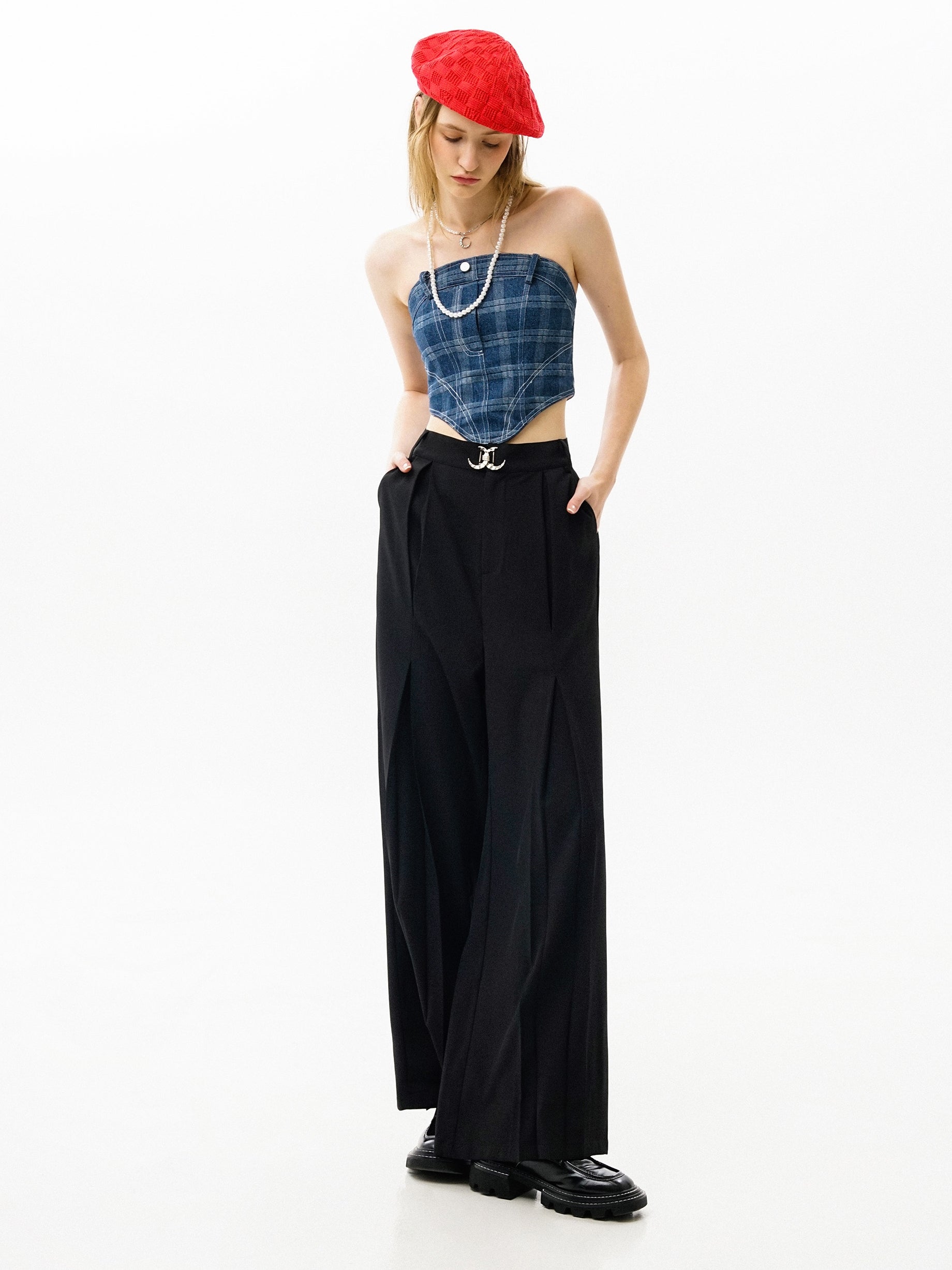 Stretch Plaid Denim Tube Top