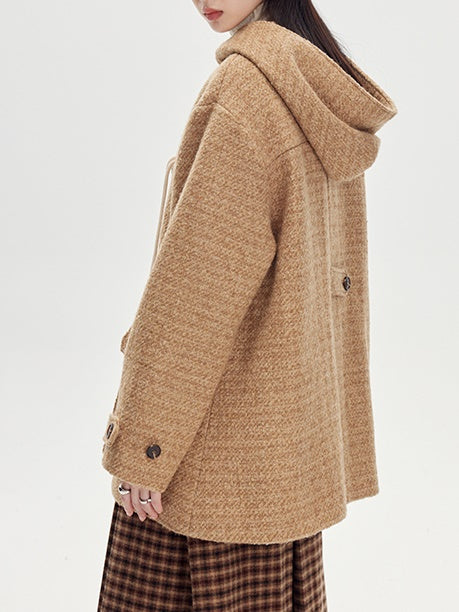 Hooded Horn Buckle Wool Coat