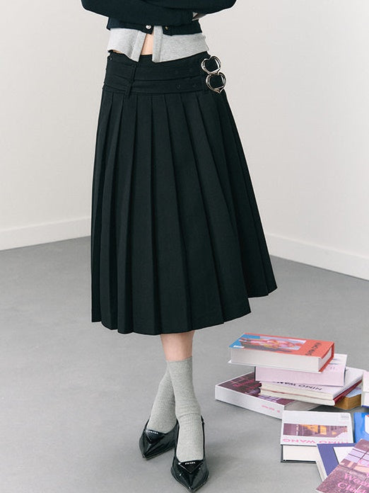 DOUBLE BELT PLEATED LONG SKIRT