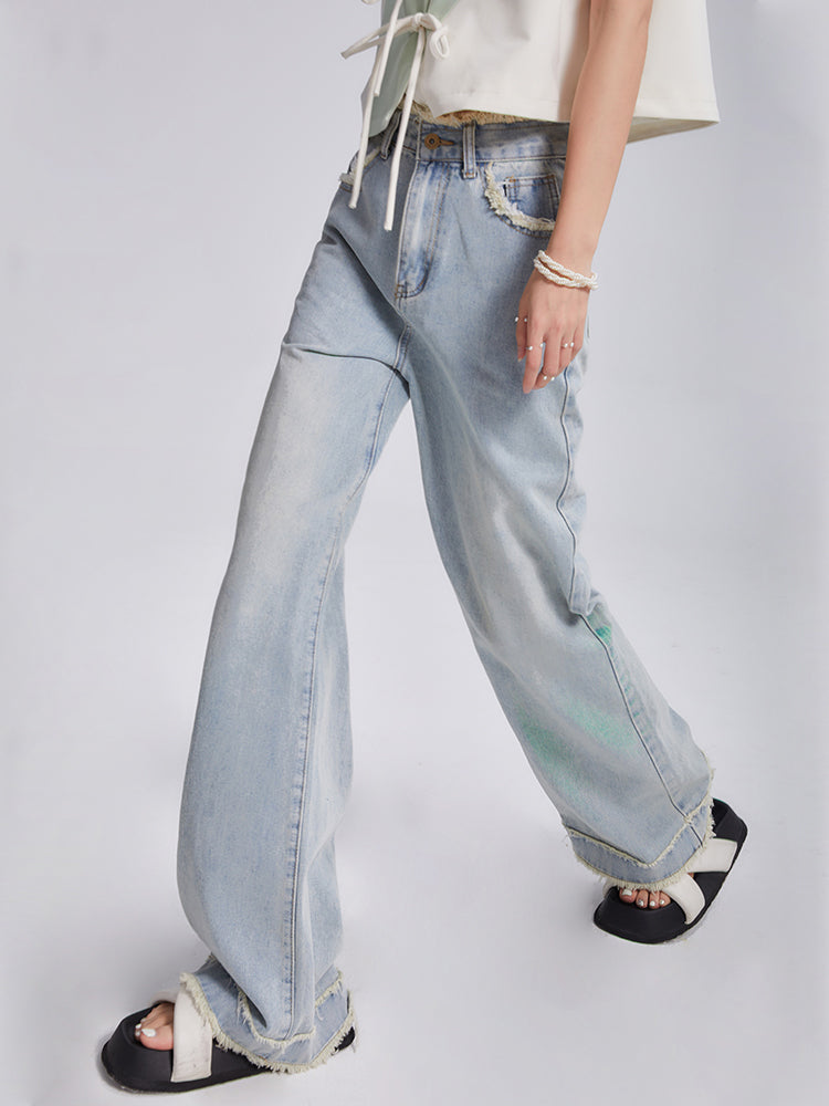 Raw Edge Design Loose Wide-Leg Jeans