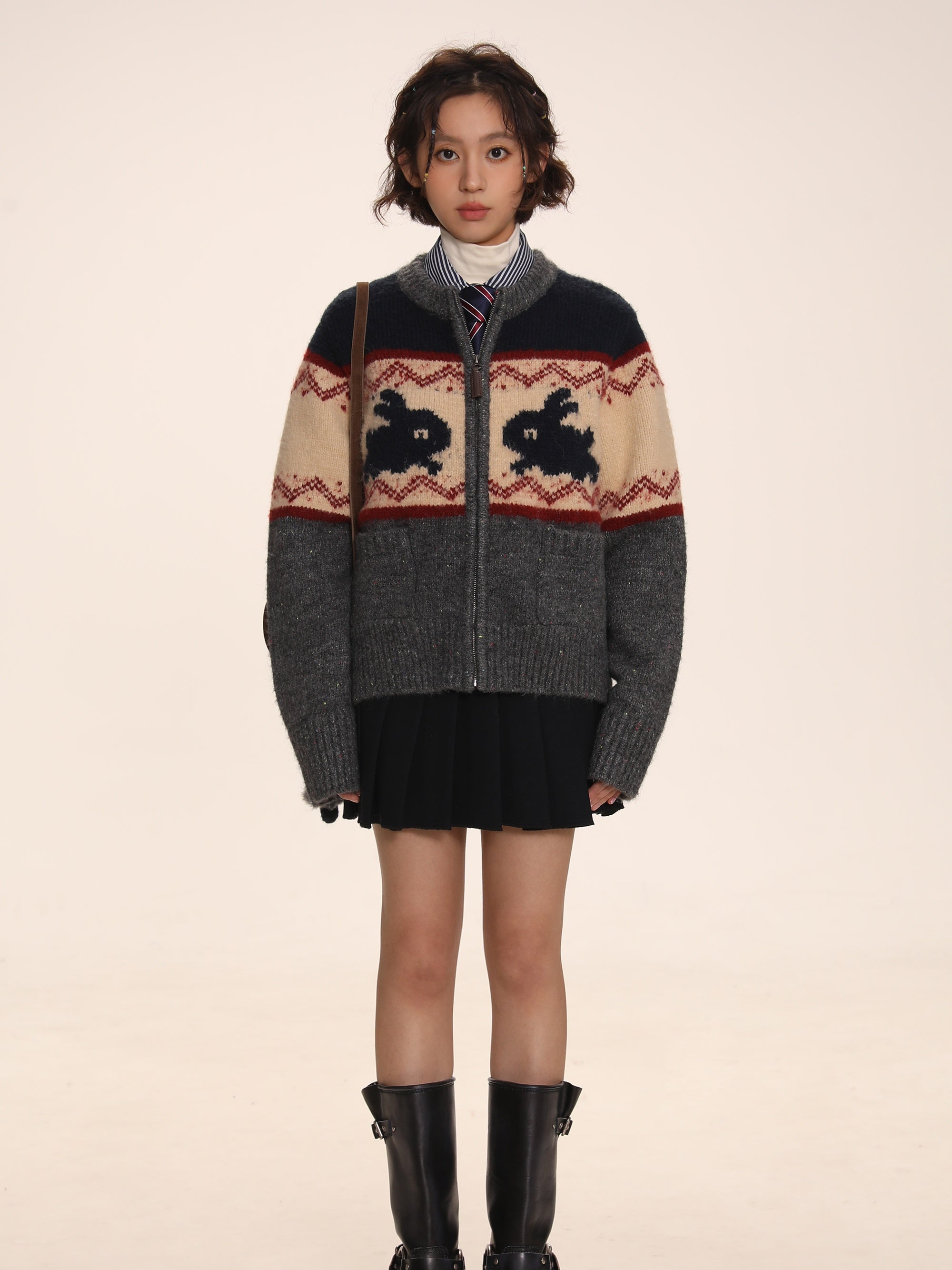 Rabbit Jacquard Zipper Knitted Cardigan – ARCANA ARCHIVE