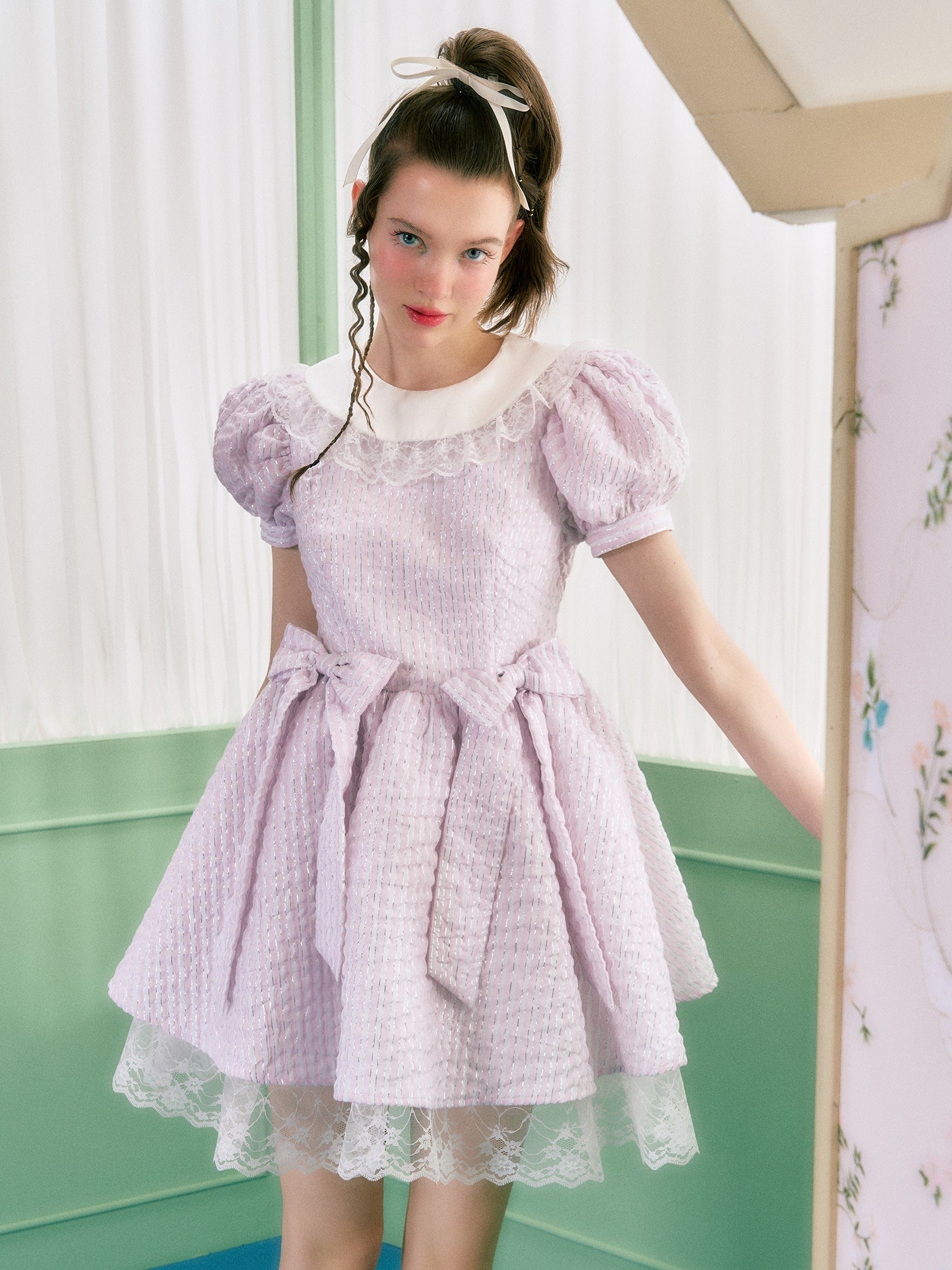 Stripe Bow Puff Sleeve Lace Doll Dress