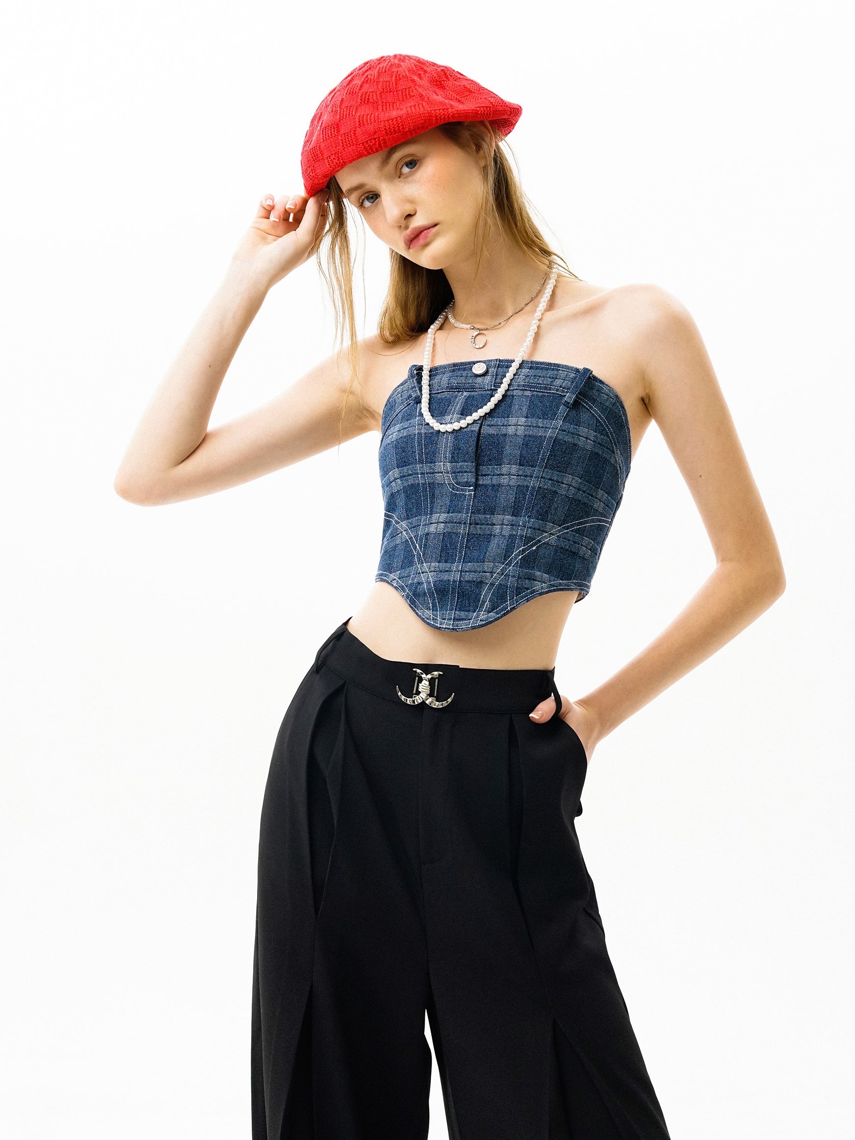 Stretch Plaid Denim Tube Top