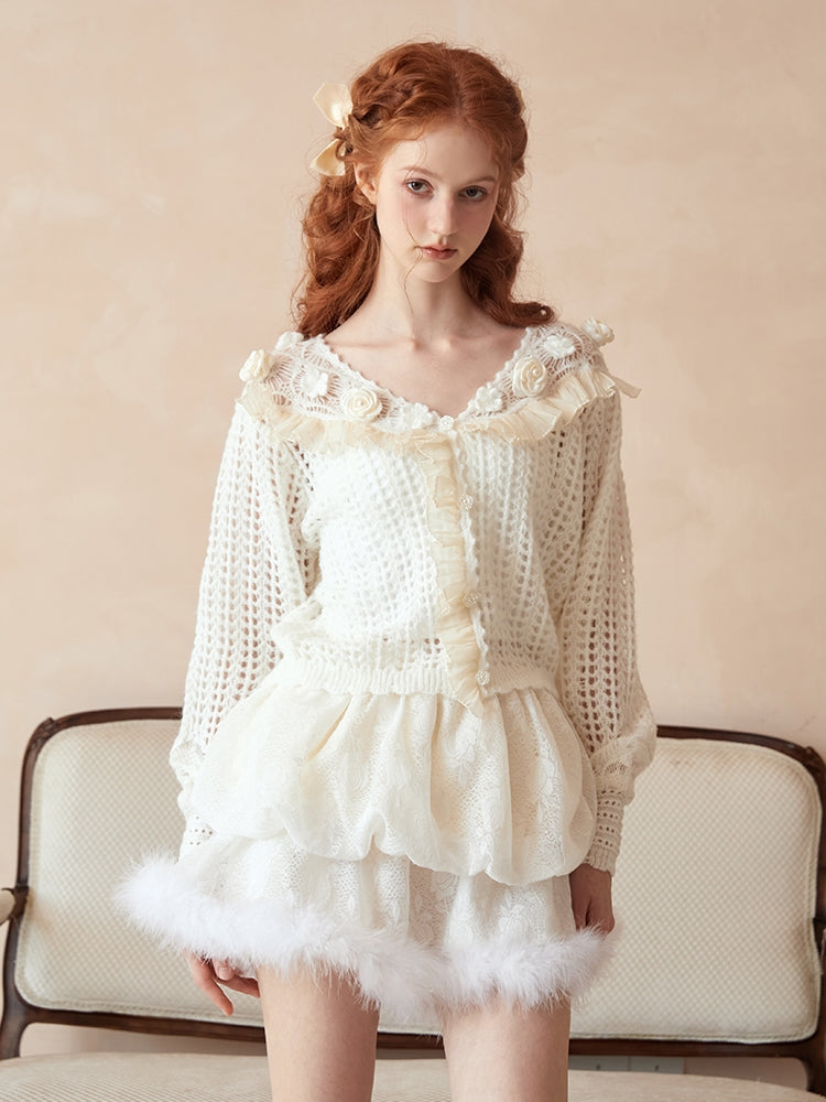 Sweet Low-gauge Rose Knit Cardigan