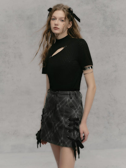 Plaid Denim A-LINE ROPE SKIRT