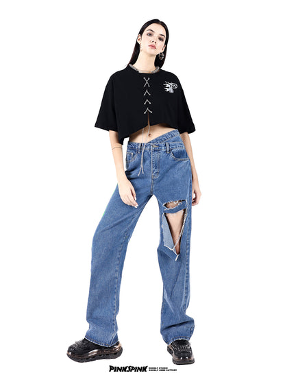 Damage High-waist Wide-leg Denim Pants