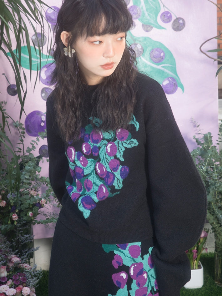 Grape Pattern Jacquard Design Sleeve Sweater