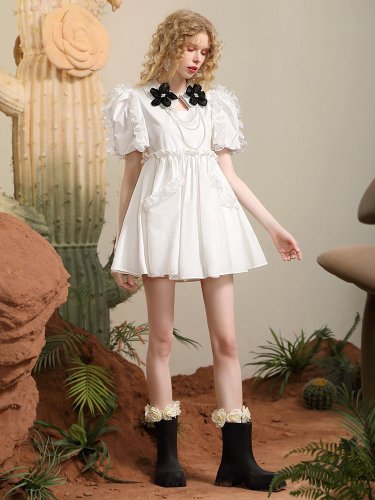 Frill Nichi Flare Flower-Motif Sweet Dress