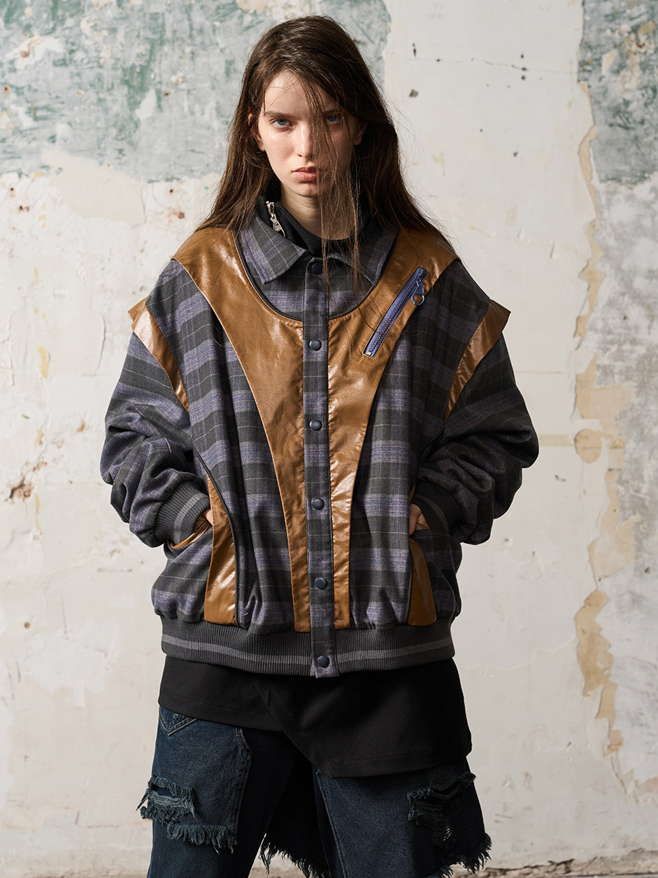 CHECK LEATHER CONTRAST COLOR PATCHWORK JACKET