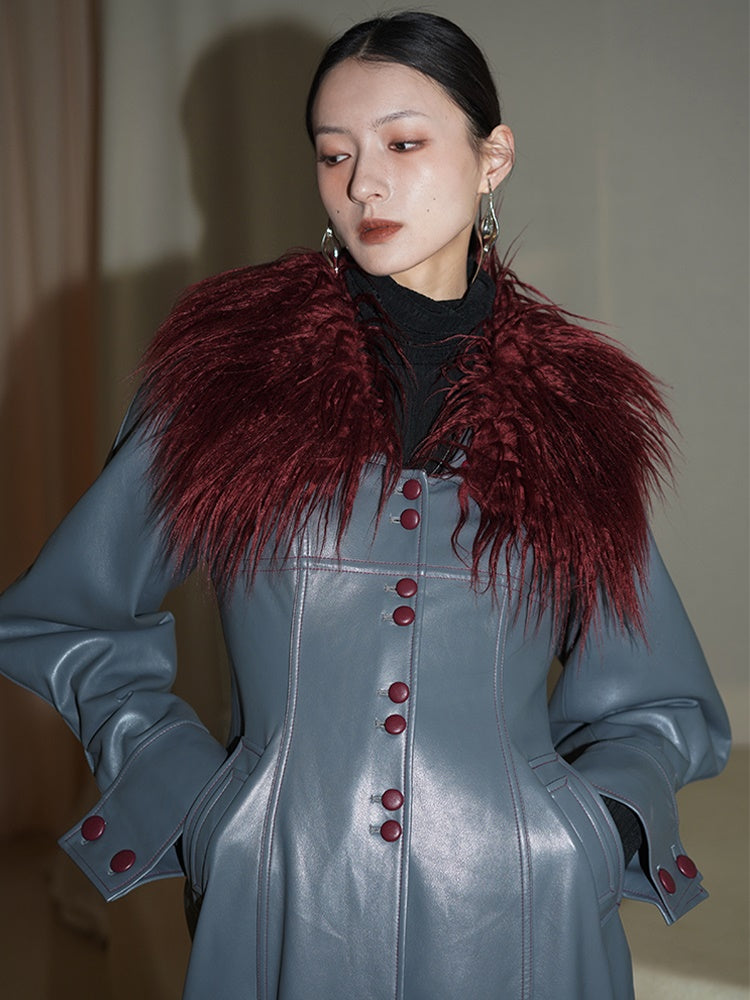 Fur Collar Slim Leather Long Coat