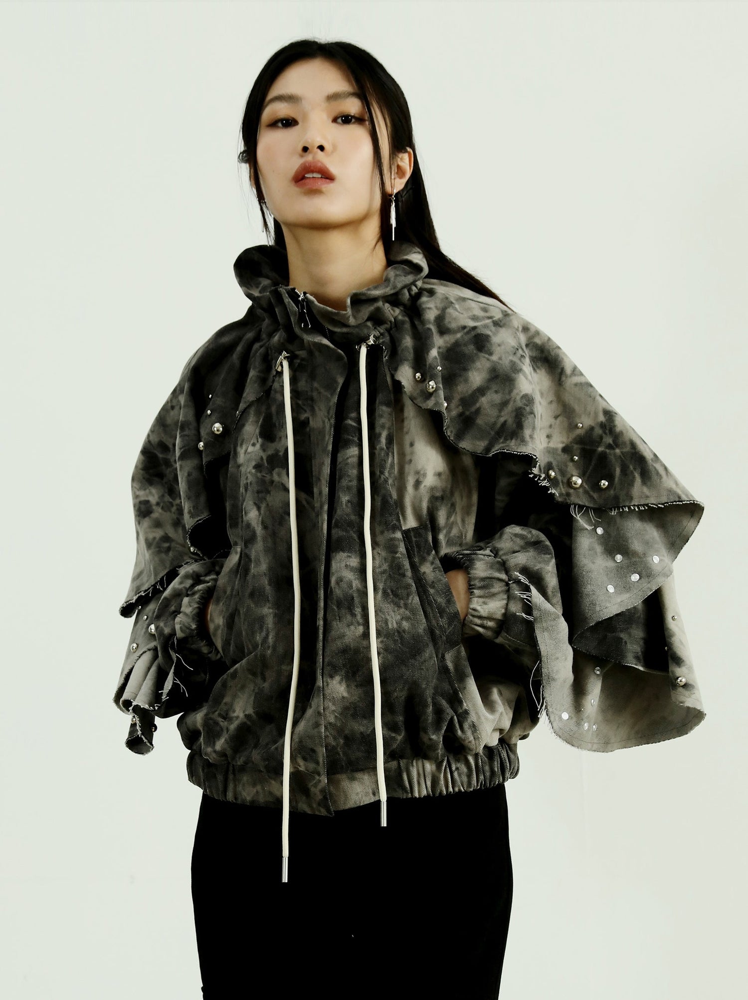 Damage Feeling Ruffles Tie -Dye Denim Jacket -JNYLON STUDIOS