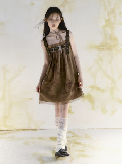 Belt Graffiti Suspender Gauze Dress